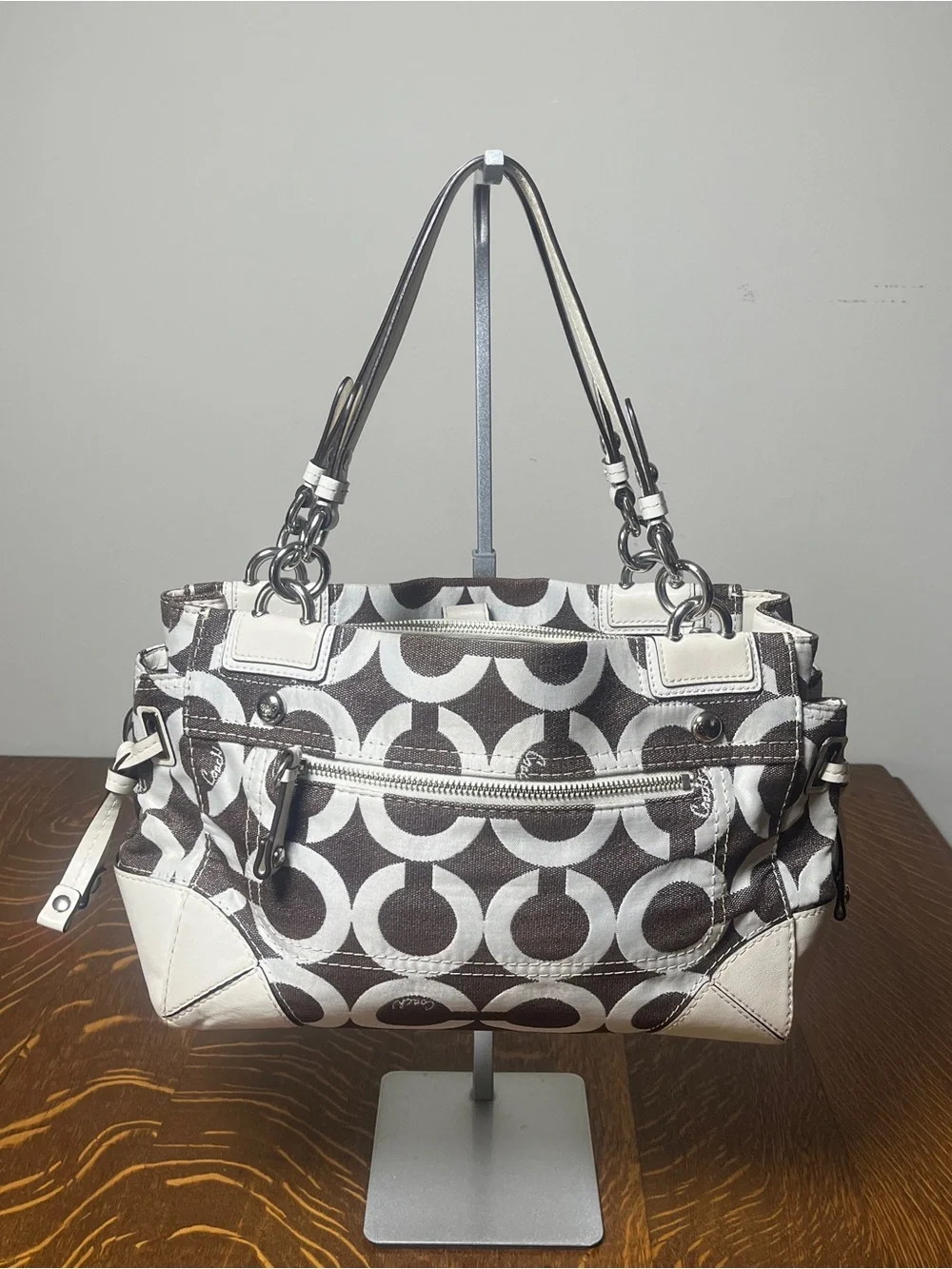 Coach Op Art Peyton Carryall Brown & White Signature Shoulder Bag with Turnlock